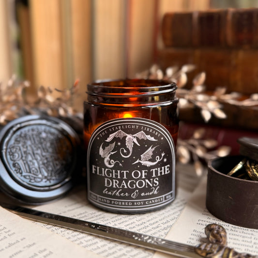 Flight of the Dragons bookish candle.  Leather & Oudh.